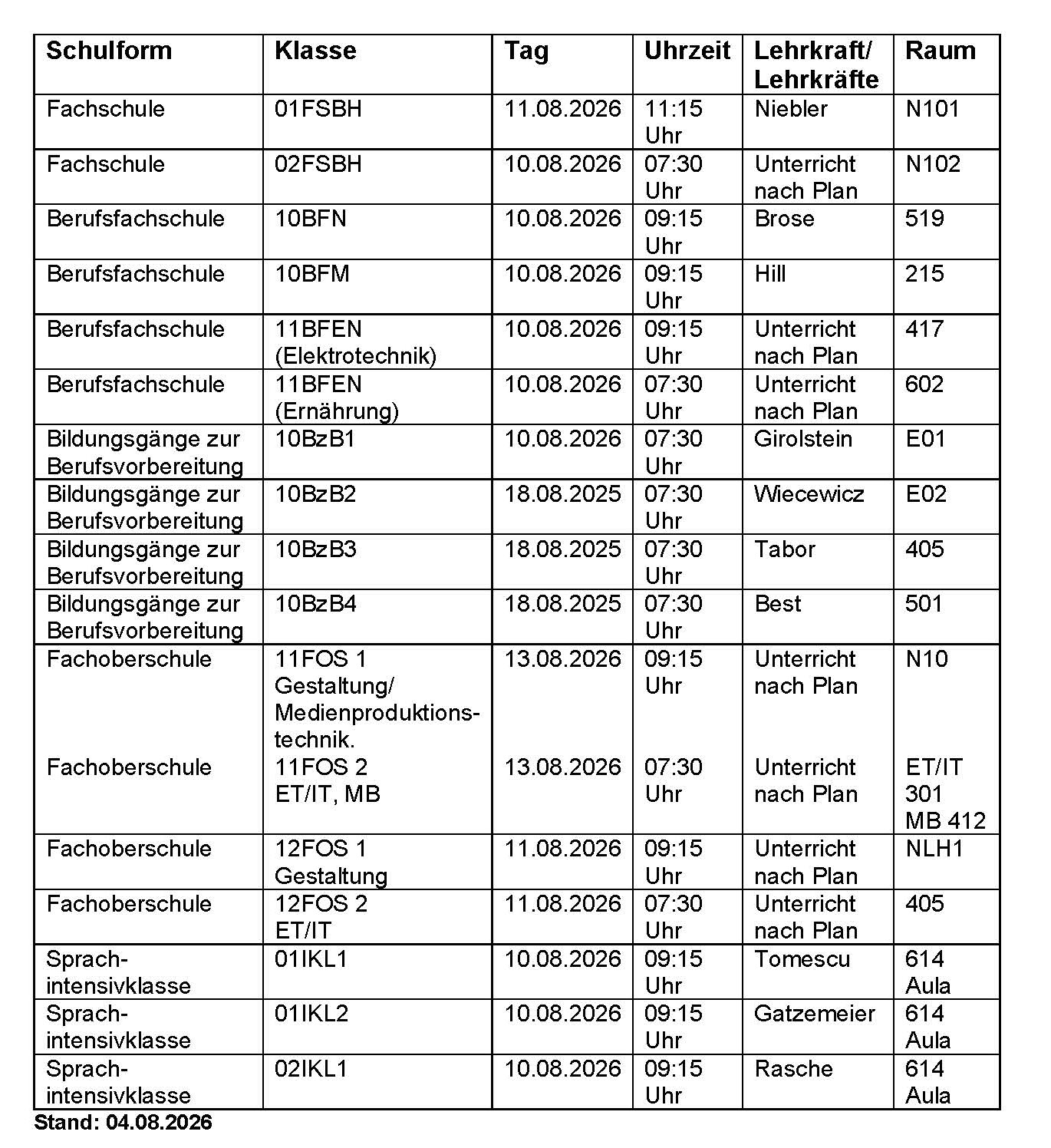 14 2026 08 04 Uebersicht erster Schultag Vollzeitklassen 2026 27